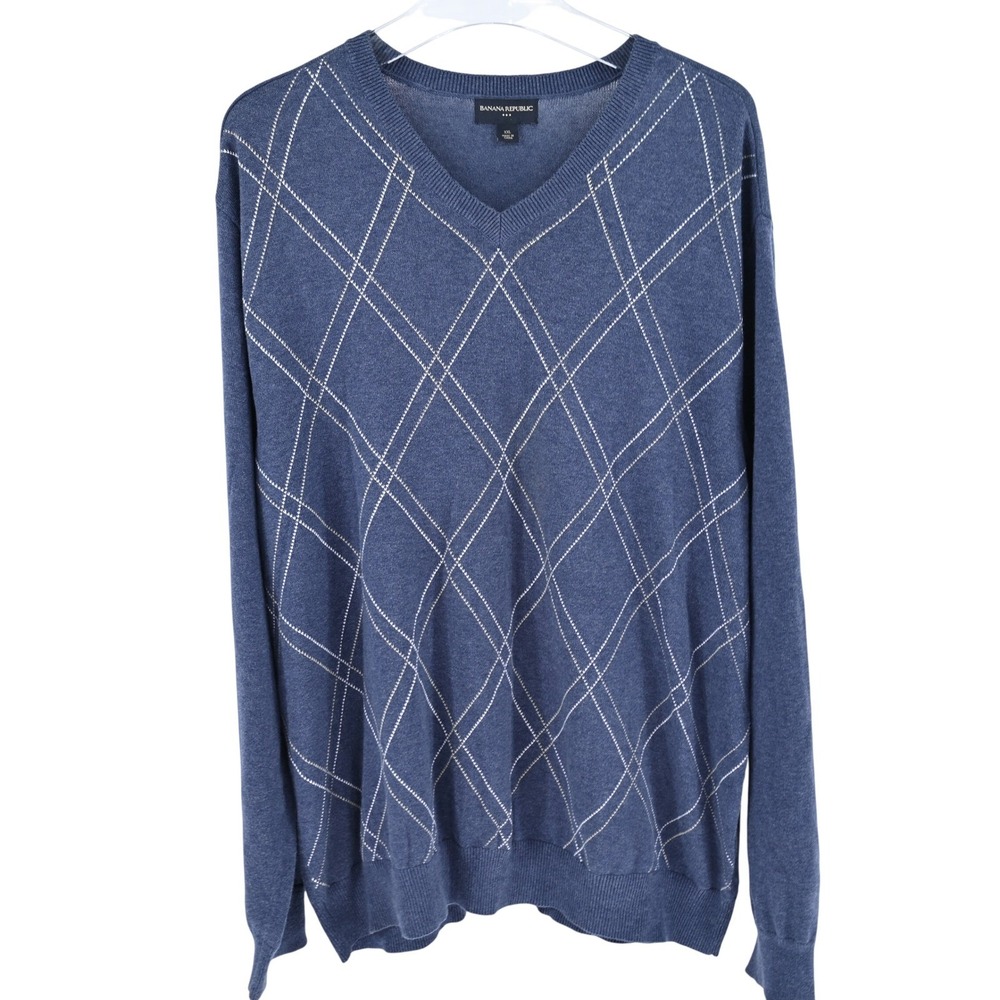 Banana Republic XXL Blue Argyle V-Neck Sweater Cotton Preppy Dark Academia Y2K